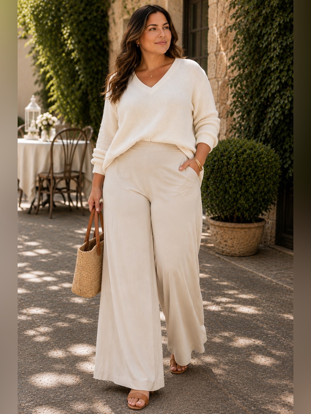 Joan Vass 3X Silk Cashmere Blend Wide Leg Knit Crop Pants Luxe Neutral